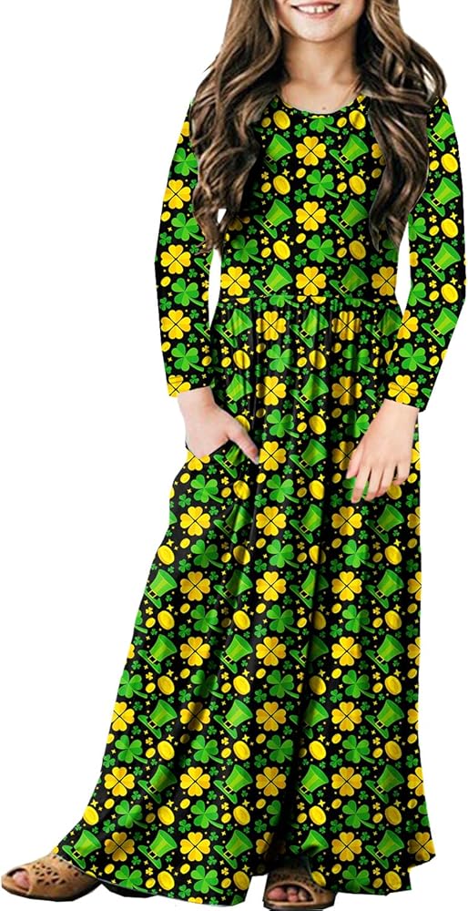 St Patricks Maxi Dress for Girl Irish Clover Dresses Shamrock Coins Hats Elastic Waist Outfits 11-12 Years