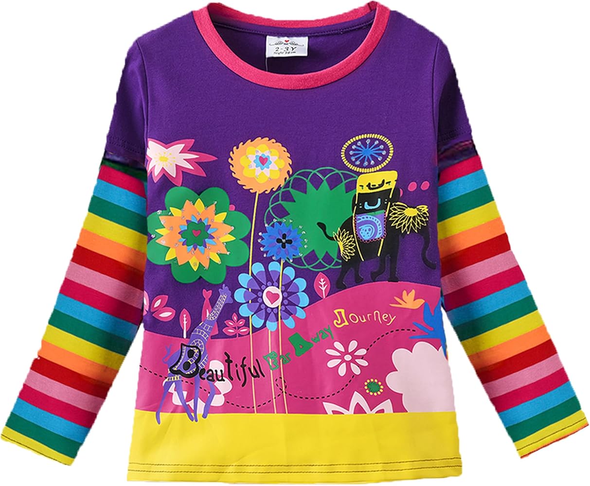 VIKITA Girls Shirts Winter Long Sleeve Rainbow Sleeve Tops for Daily Casual Wearing,2-12 Years