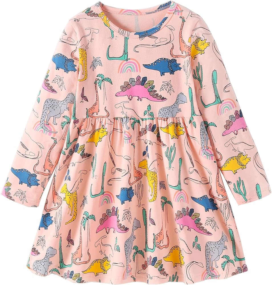 Julerwoo Toddler Girls Dinosaur Dress Cotton Long Sleeve Casual Dress for 2-10 Years