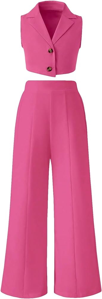 Verdusa Girl's 2 Piece Outfits Clothing Sets Button Front Crop Vest Blazer and Wide Leg Pants Hot Pink 11-12Y