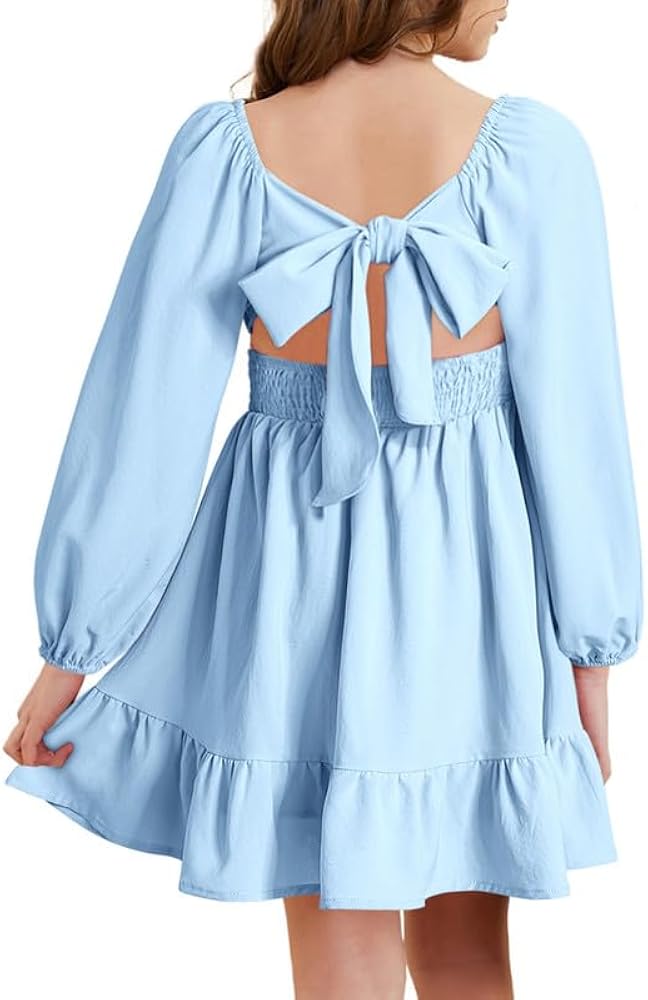 Girls Casual Long Sleeve Ruffle Hem Tie Back Off Shoulder Dresses 4-15 Years