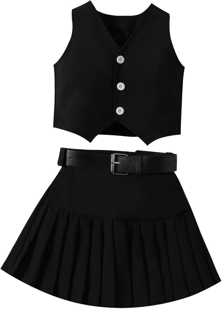 Kids Girls Summer 2 Piece Outfits Solid Color Sleeveless Button Vest Tank Tops+Pleated Skirt with Belt Clothes Set