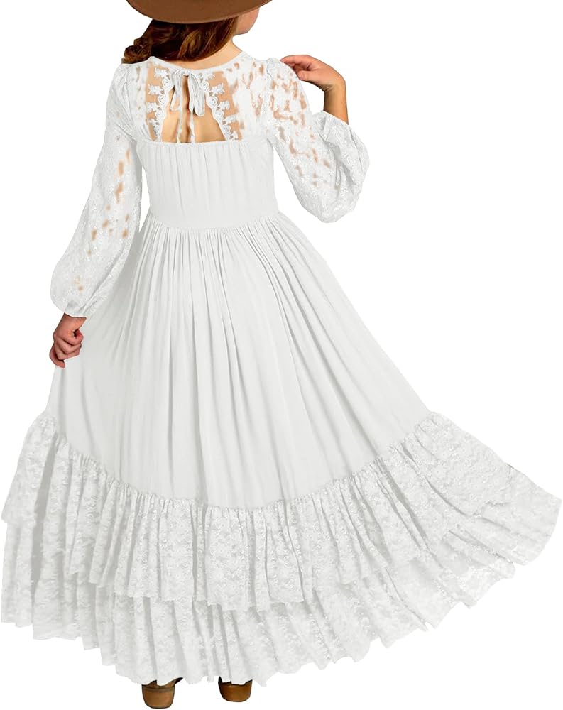 MITILLY Girls Boho Long Sleeve Backless Lace Flower Square Neck Tiered Ruffle Swing Party Maxi Dress