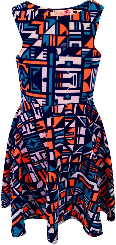 Kids Girls Orange & Blue Aztec Print Skater Skirt Midi Dress Crop Top Legging