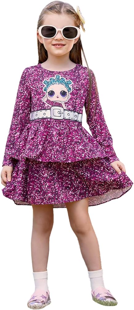 L.O.L. Surprise! Girls Tiered Dress Figure Print Layered Long Sleeves Casual Dress Flowy Dress Size 6-12