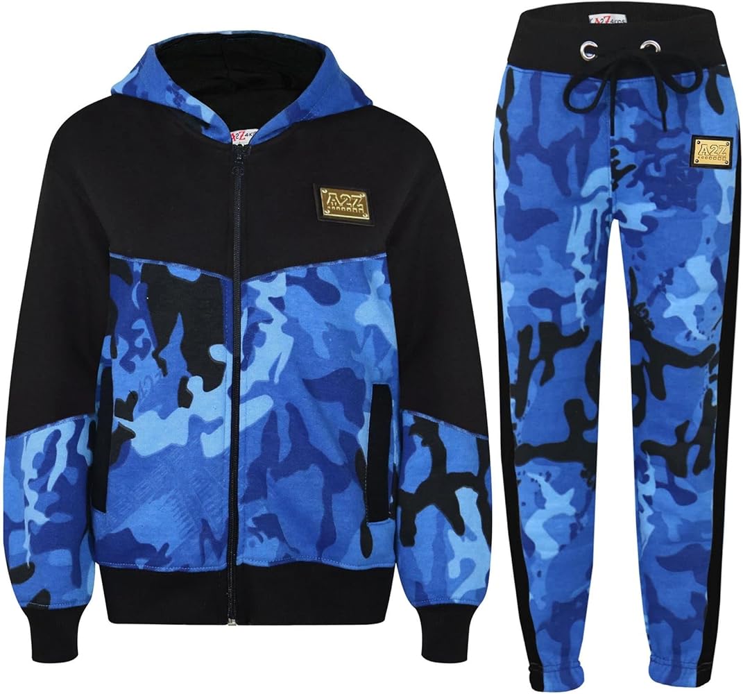 Kids Girls Designer A2Z Camouflage Blue Contrast Tracksuit Hooded Jogging Suits