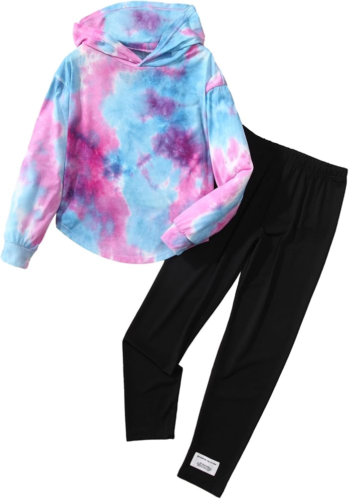 OYOANGLE Girls' Tie Dye Hooded Sweatshirts and Leggings 2 Piece Outfits Loungewear