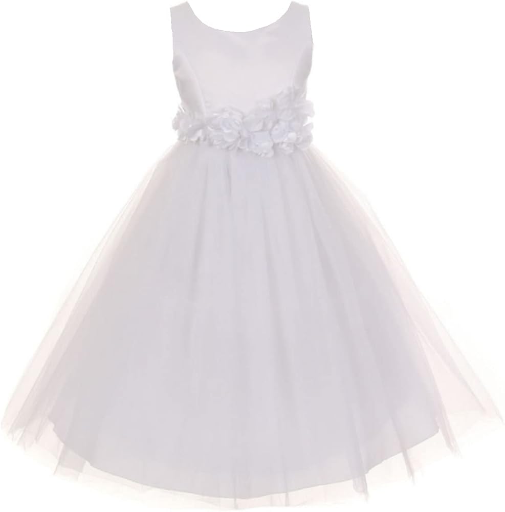 Little Girls White Elegant Satin Tulle Ribbon Sash Flowers Girls Dresses