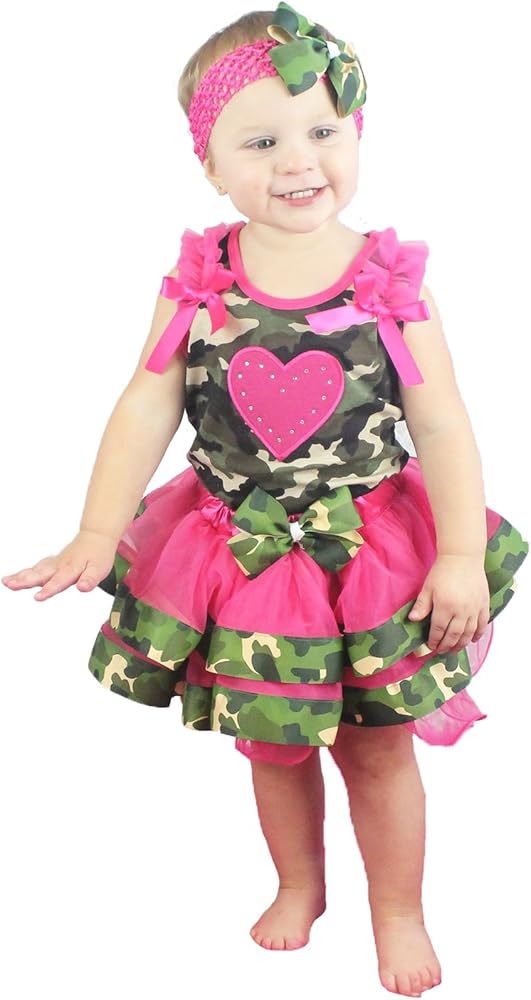 Valentine Dress Hot Pink Heart Shirt Camouflage Petal Skirt Set 1-8y