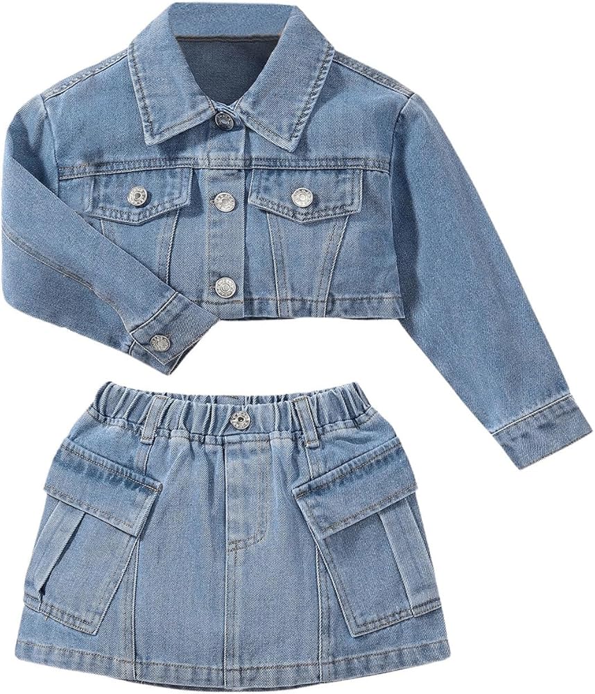 Toddler Girls Two Piece Denim Outfit Button Up Long Sleeve Crop Jacket and Mini Jean Skirt Set