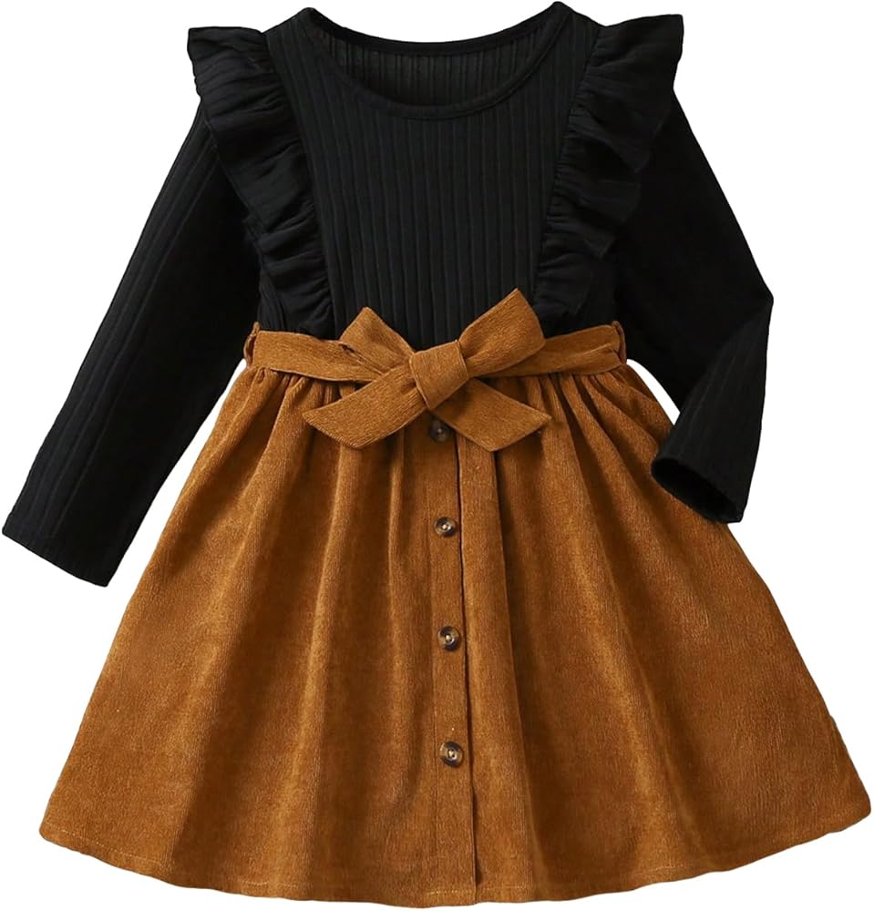 MakeMeChic Girl's Color Block Ribbed Knit Long Sleeve Ruffle Trim Belted Flared A Line Dress