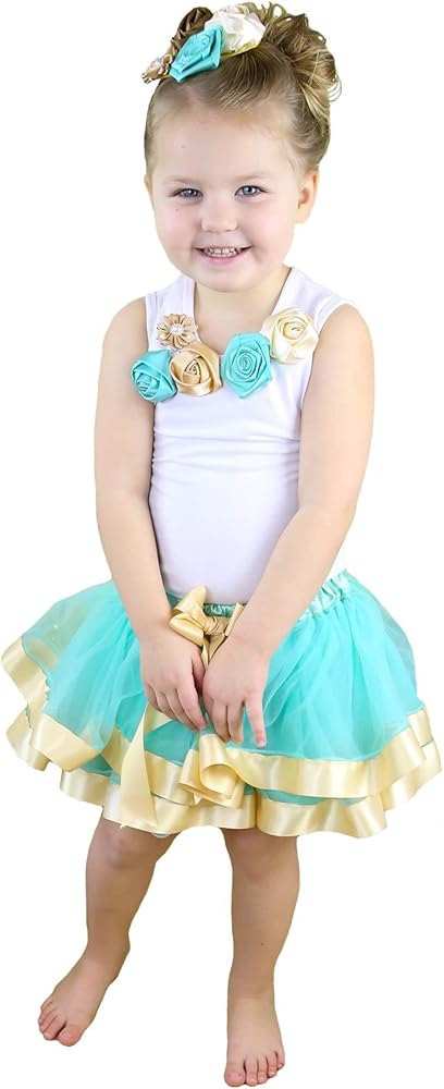 Petitebella Neck Satin Rose Shirt Aqua Blue Gold Girl Petal Skirt Trim Set Nb-8y