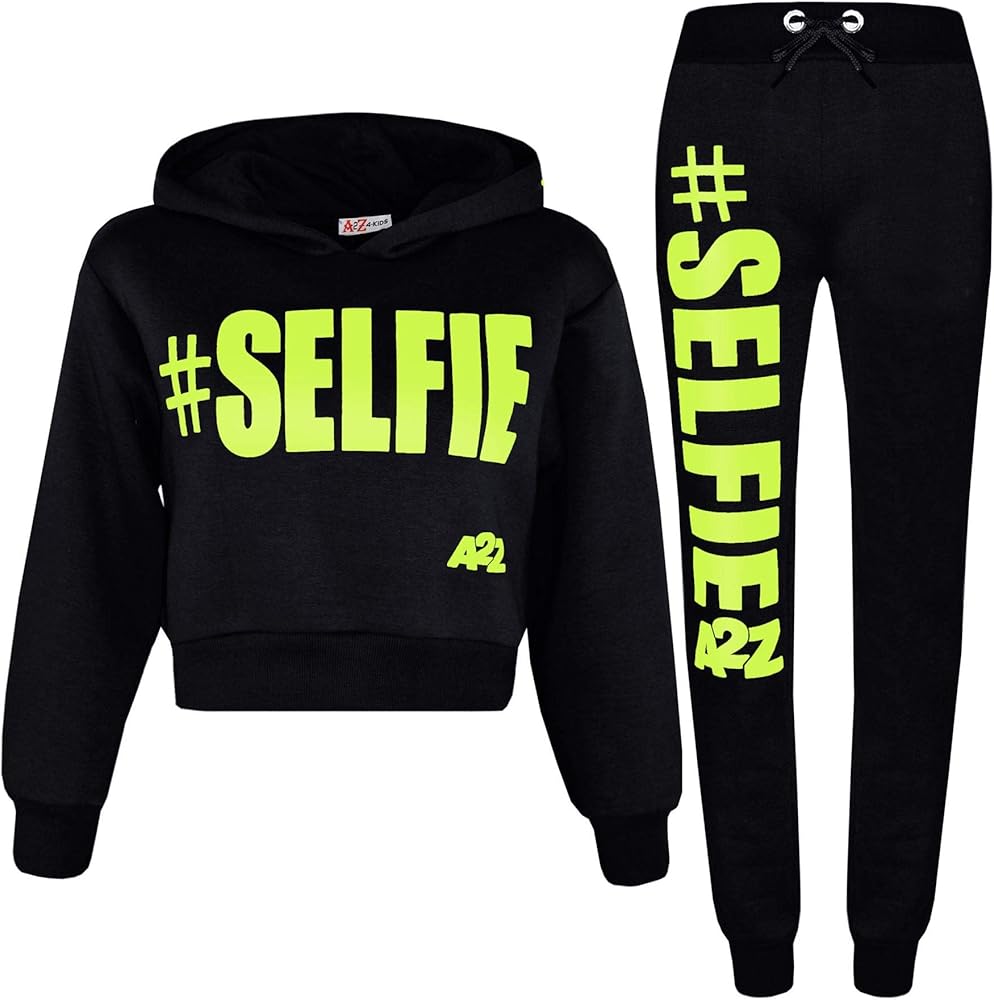 Kids Girls Jogging Suit Designer #Selfie Hooded Crop Top Bottom Tracksuit 5-13Yr