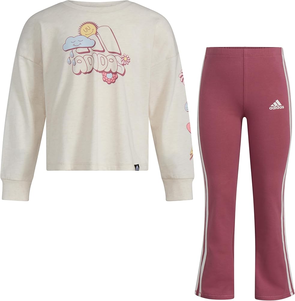 adidas Girls' 2-Piece Long Sleeve Graphic Tee & Flare Pant Set, Oatmeal Heather Pink, 4