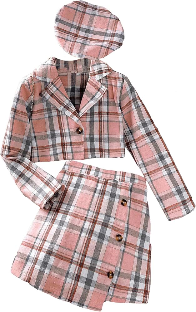 WDIRARA Girl's 3 Pieces Outfit Plaid Button Front Crop Jacket with Wrap Hem Skirt and Hat