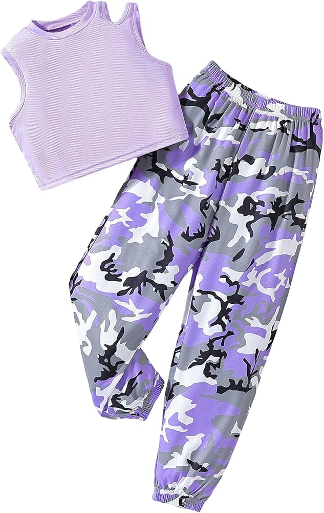 OYOANGLE Girl's 2 Piece Outfits Cut Out Rib Knit Crop Tank Top and Camo Print Jogger Pants Set