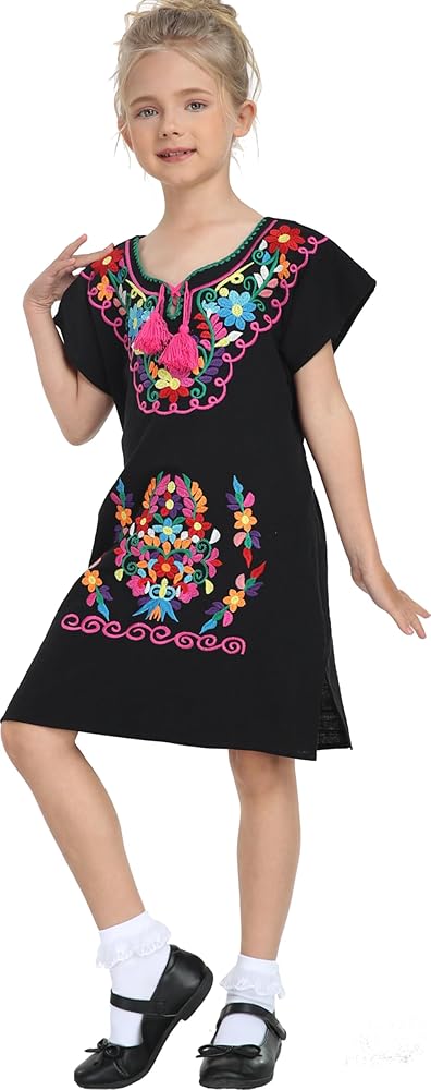 YZXDORWJ Mexican Dress for Girls Embroidered V Neck Dress Kids Fiesta Floral Vestidos Girl's Traditional Dress Toddler