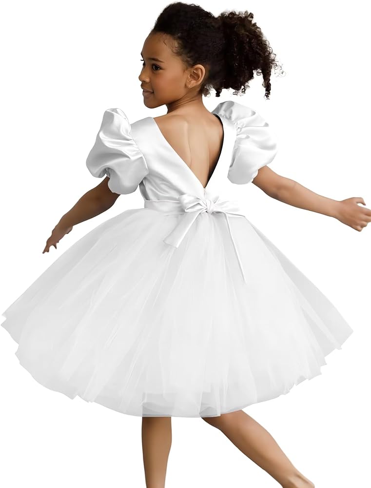 JISISANG Puff Sleeve Tulle Flower Girl Tutu Dresses for Wedding Birthday Party Satin Tulle Girl Dresses with Bow-Knot