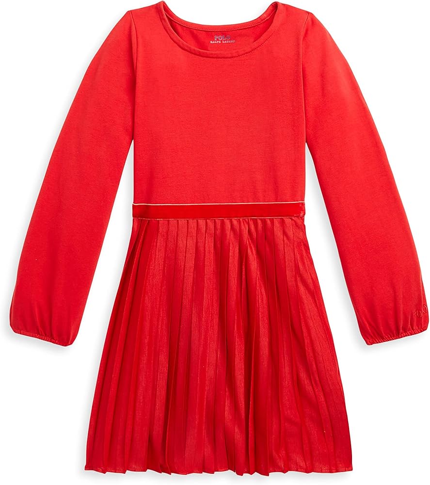 POLO RALPH LAUREN Big Girls Pleated Stretch Jersey Long Sleeve Dress (R(637290-4001)/R, X-Large)