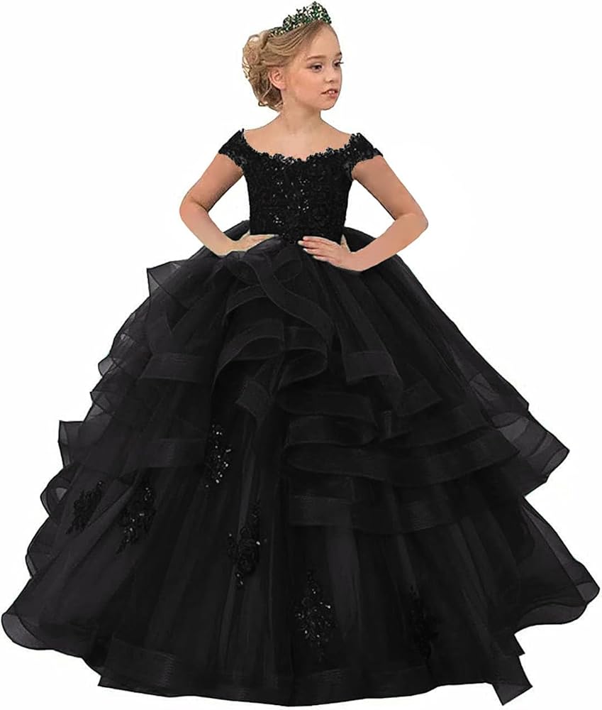 Off Shoulder Pageant Dresses for Girls Appliques Tulle Flower Girl Dress Kids Formal Dress Ball Gown