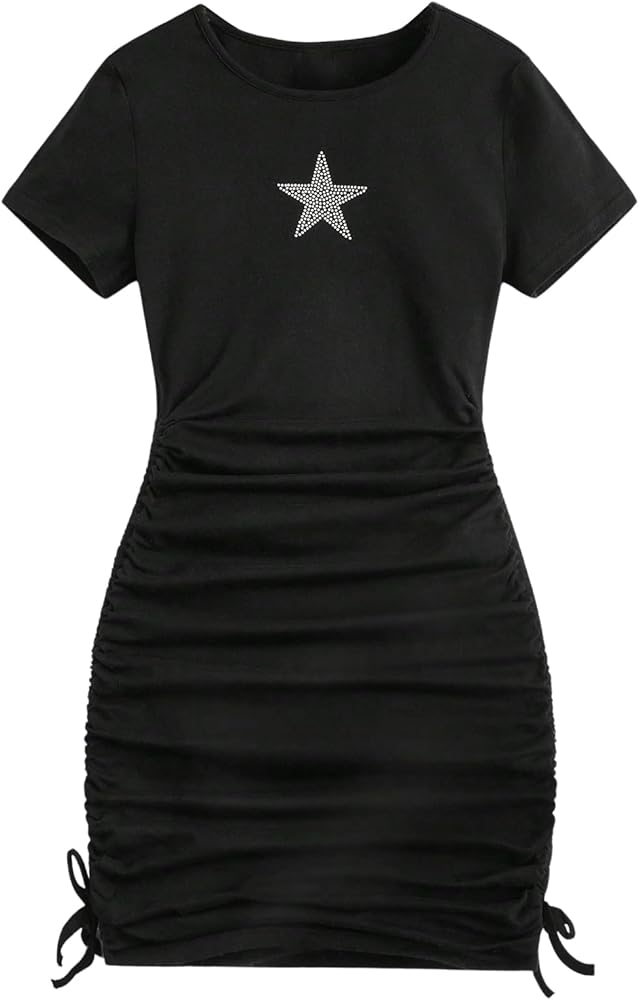 Milumia Girl's Star Pattern Short Sleeve Ruched Tshirt Dress Drawstring Fitted Short Pencil Dresses