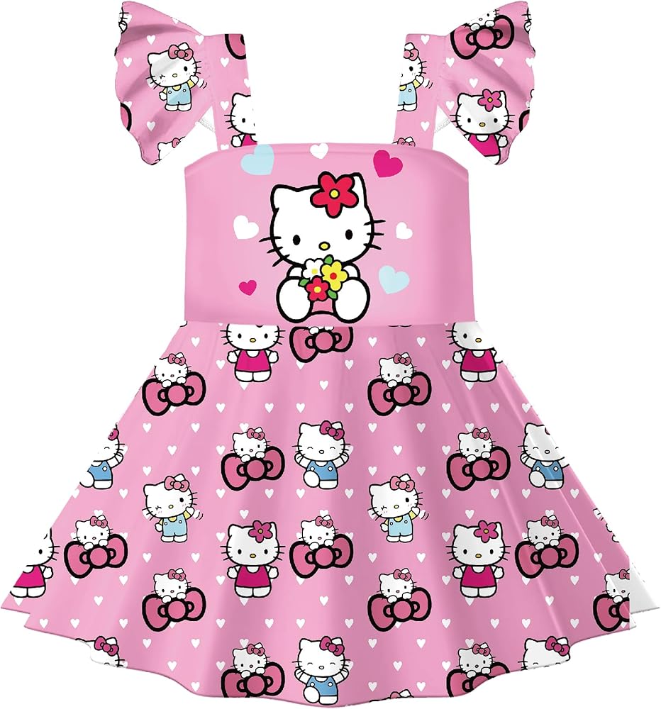 MaxTed Girls Adorable Dress Cartoon Kitty Dresses for Kids Girls Casual Home Wear for 4-12 Years