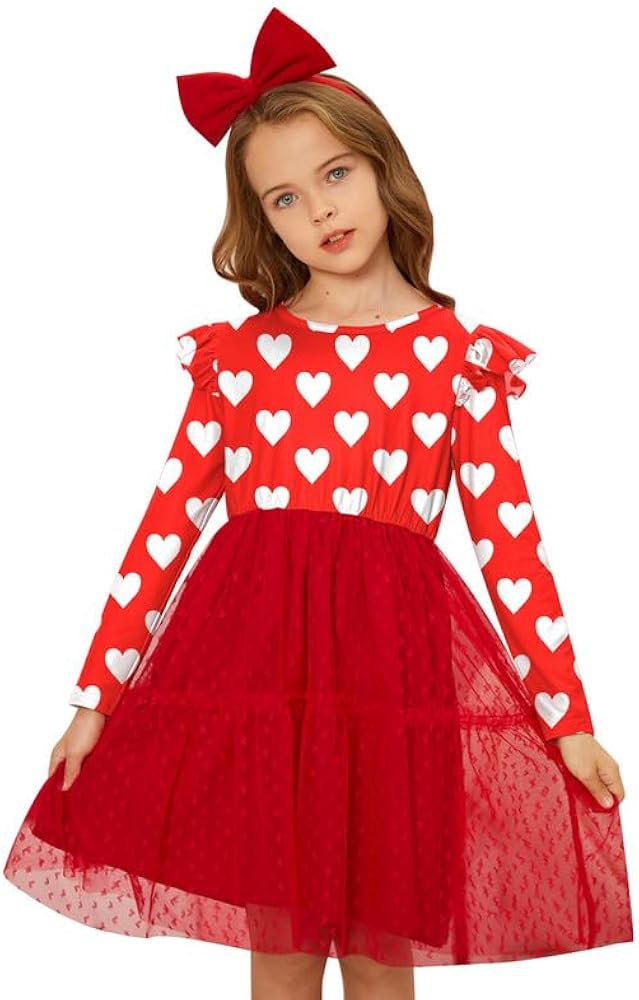 Valentine's Day Girls Heart Tulle Hem Ruffle Sleeve Midi Dress 1-10 Years