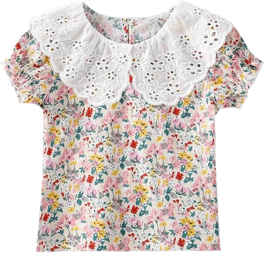 Little Toddler Girls Floral Print Statement Peter Pan Blouse Ruffle Hem Short Sleeve Shirt Tops