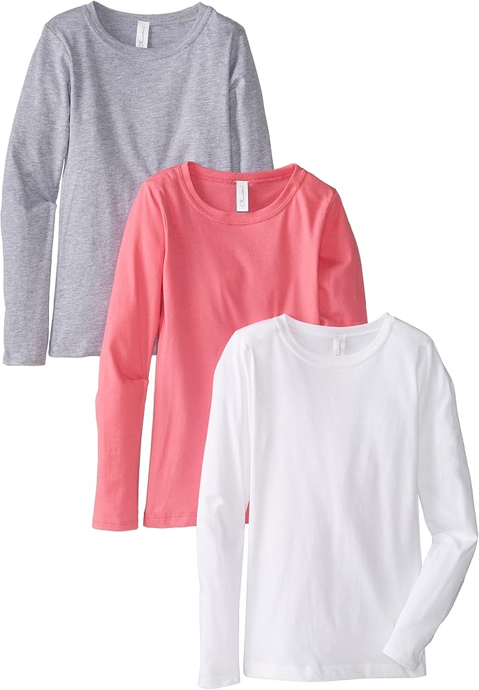 Clementine Little Girls' Everyday Long Sleeve Tee 3 Pack, White/Grey/Hot Pink,Small (6-6x)