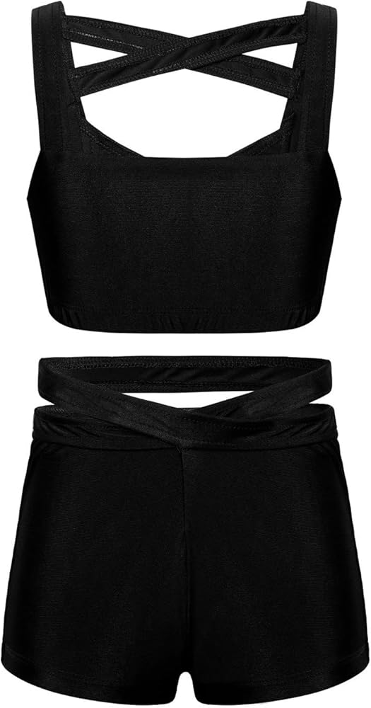 Kids Girls 2 Piece Crop Top with Booty Shorts Athletic Gymnastics Sport Dance Outfit Tankini Set Activewear