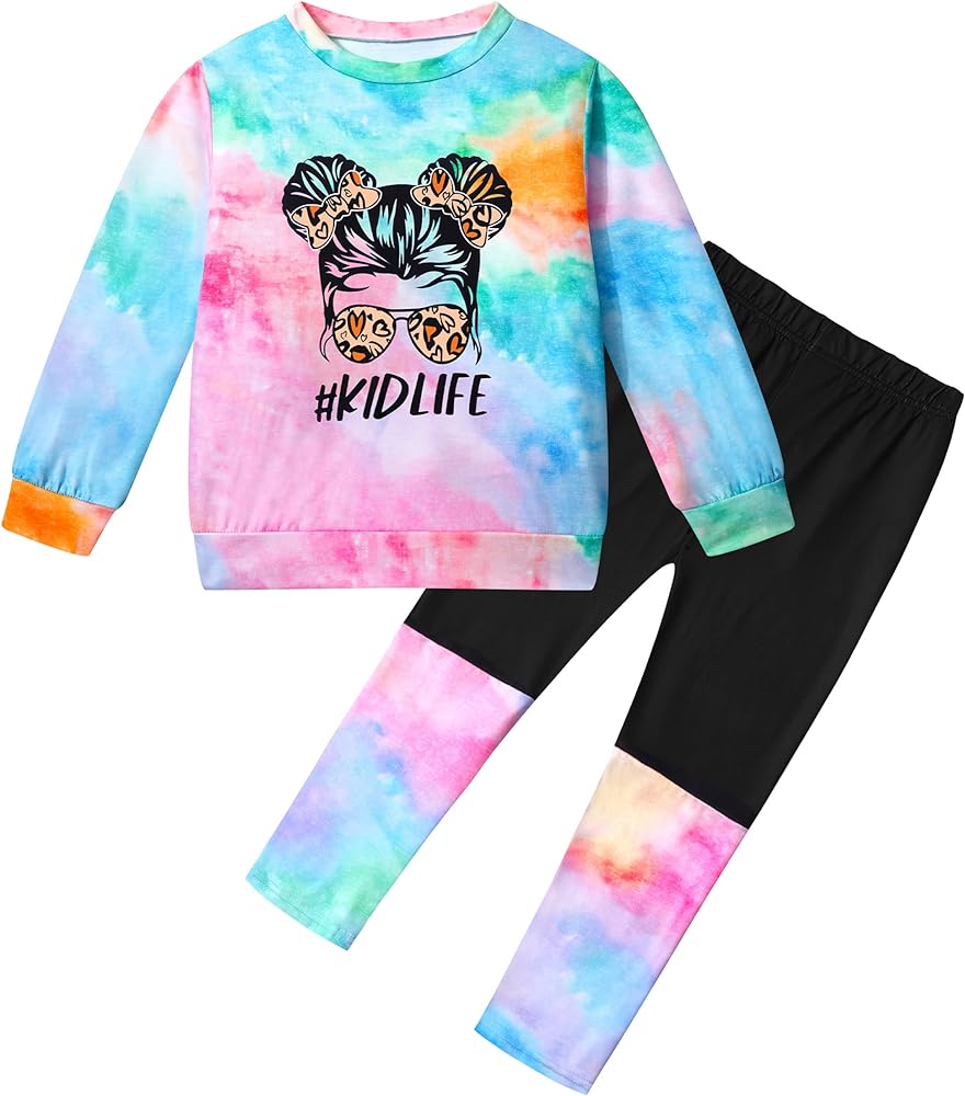 DONWEN Toddler Girl Clothes,Tie Dye Sweatsuit 2 Piece Girls Outfits Graphic Pullover Top Pants Girls Fall Winter Outfit