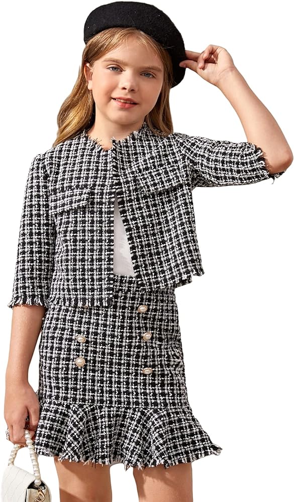 WDIRARA Girl's 2 Piece Outfits Plaid Tweed Half Sleeve Jacket and Ruffle Mini Skirt Set