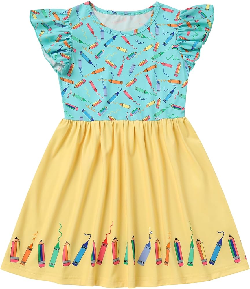 Toddler Kids Girls Back to School Dress Apple Pencils Notebooks Print Dresses Kindergarten First Day of School Outfit