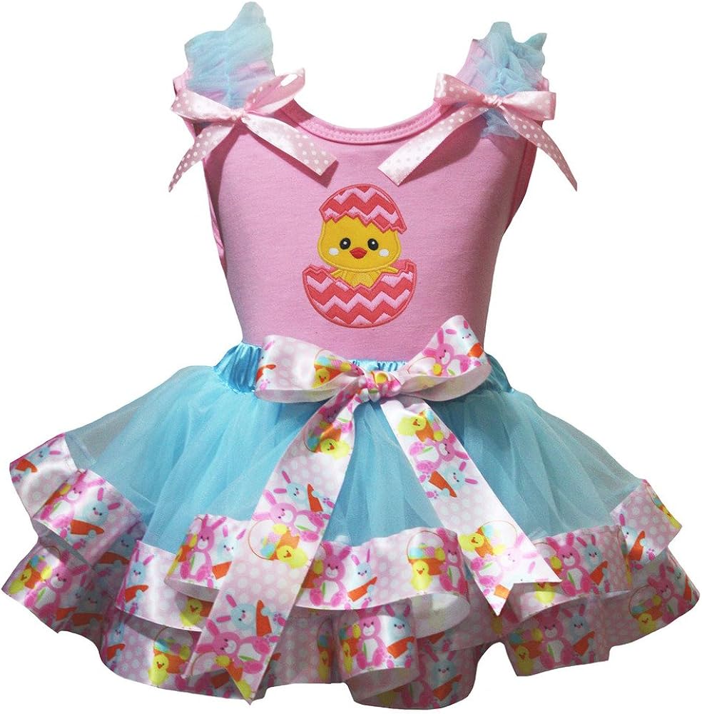 Petitebella Chick Egg Pink Shirt Bunnies Light Blue Petal Skirt Set Nb-8y