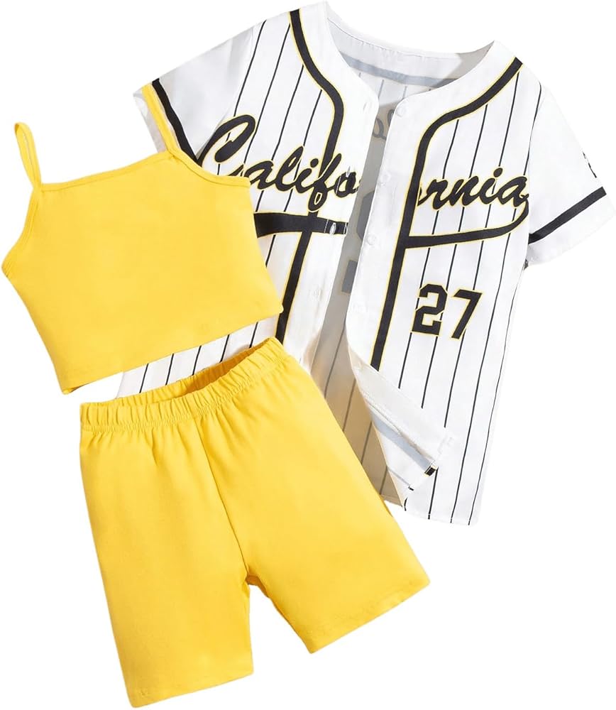 Floerns Girl's 3 Piece Outfits Short Sleeve Baseball Shirt Cami Top and Shorts Set