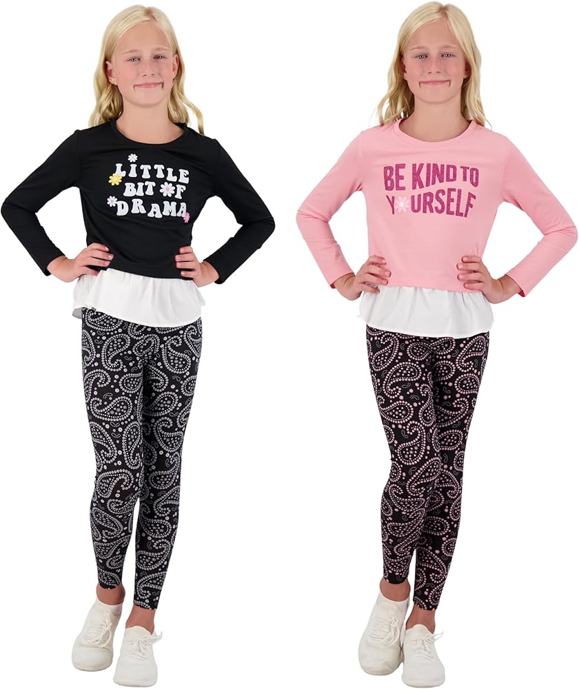 Girls Legging Sets 4-Piece Long Sleeve Fashion Tops and Printed Leggings for Girls