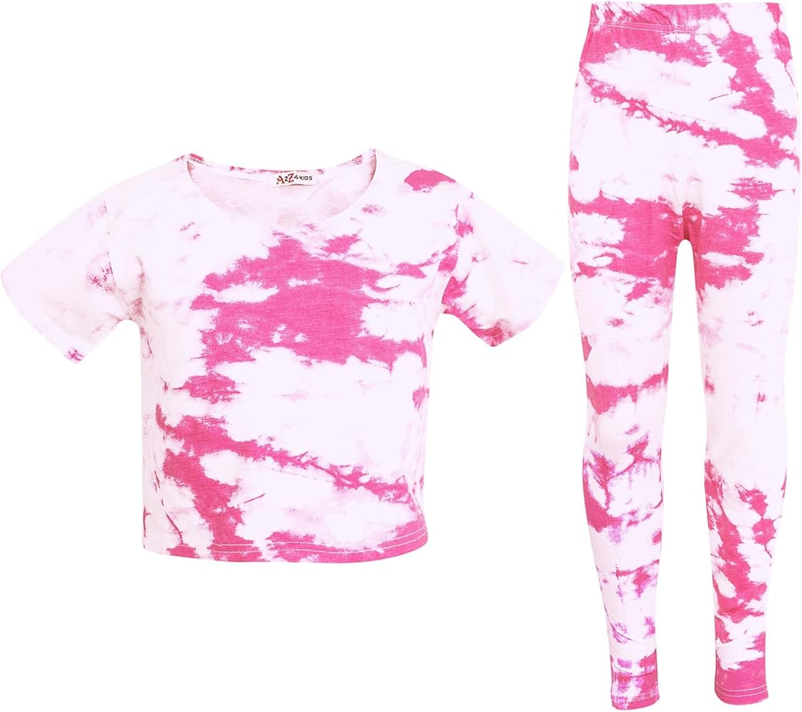 Kids Girls Crop Top & Legging Neon Pink Tie Dye Print Summer Outfit Sets 5-13 Yr