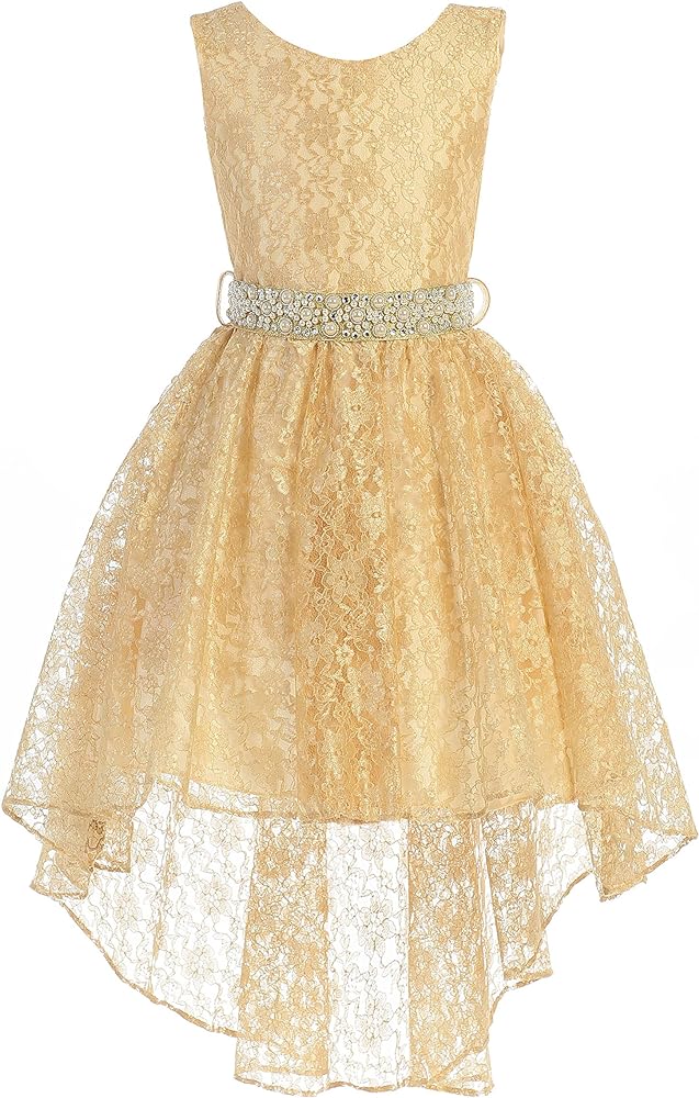 iGirlDress High Low Lace Dress with Rhinestones Belt Pageant Flower Girl Dress Size 2-20