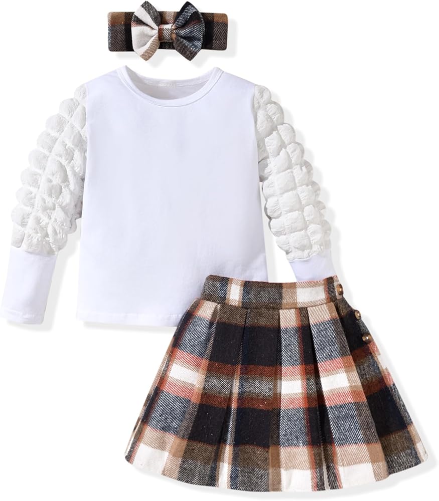 HIHA Toddler Girls Fall Winter Skirt Set Puff Long Sleeve Shirts Plaid Pleated Skirt Outfit with Headband