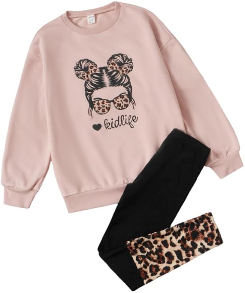 WDIRARA Girl's 2 Piece Outfit Figure Print Round Neck Sweatshirt and Leopard Print Leggings Set