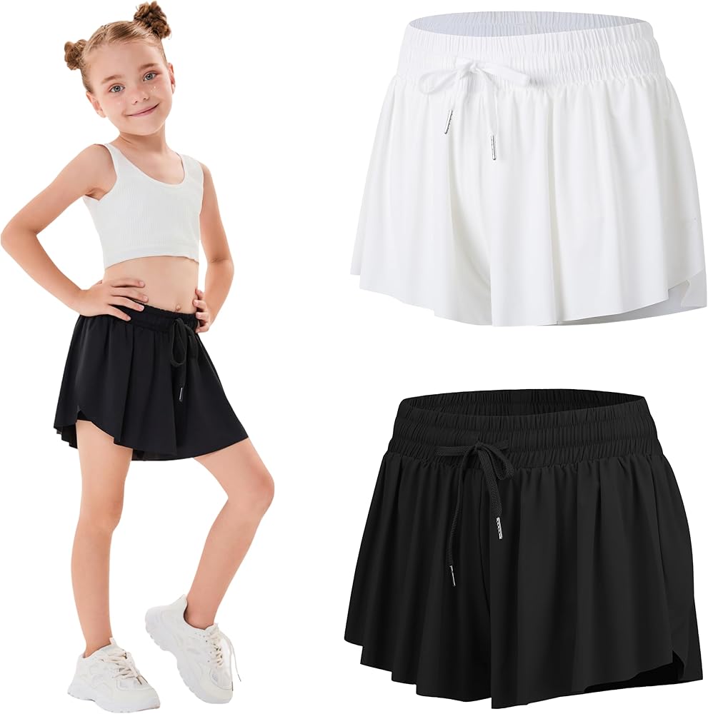 2 Pack Girls Athletic Flowy Shorts with Pockets Butterfly Running Active Workout Sports Elastic Waist Skorts for Kids