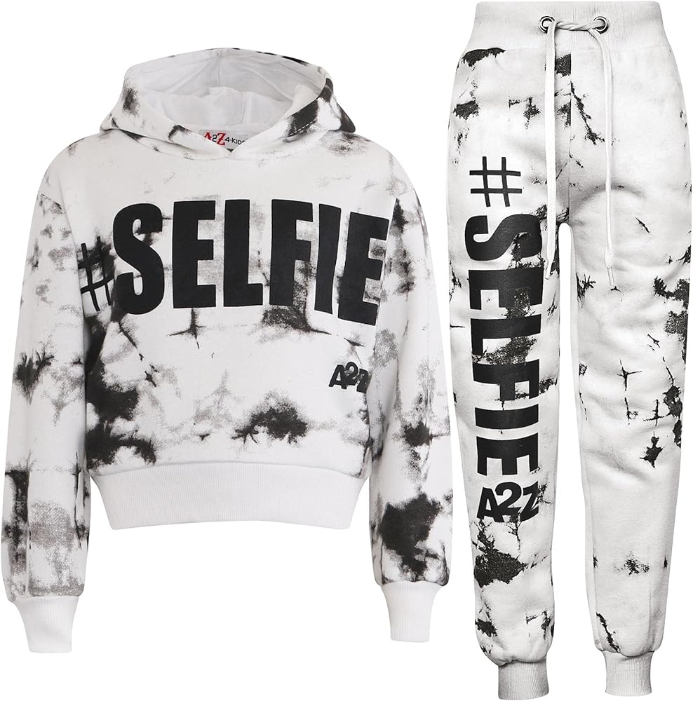 Kids #SELFIE Tie Dye Black Tracksuit Crop Hoodie Sweatpants Co-ord Set Girl 5-13