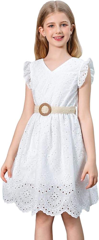 Girl's Casual Cap Sleeve V Neck Eyelet Embroidery Ruffle Trim Flared Dress High Waist A Line Dresses