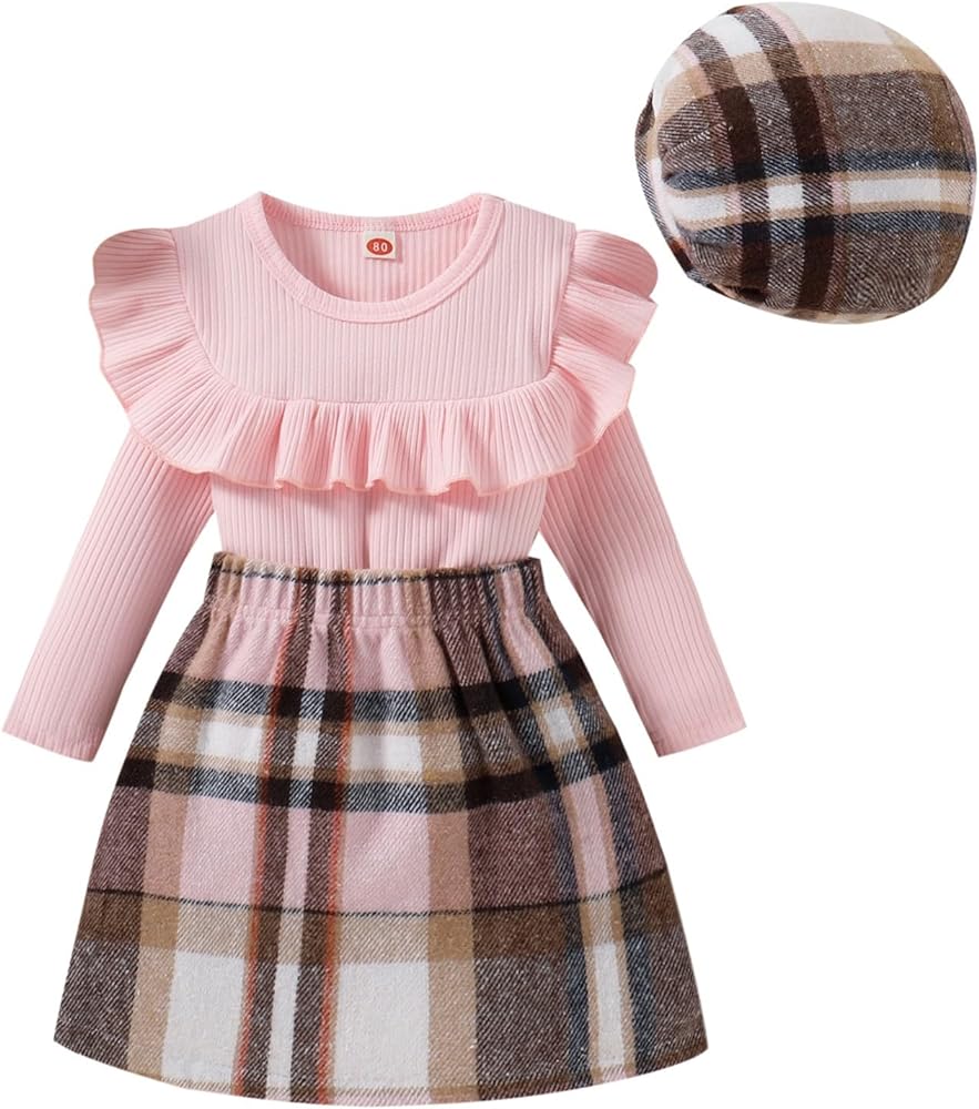 Toddler Baby Girl Fall Winter Outfit Ruffle Long Sleeve Ribbed Shirt Top Plaid Skirt with Beret Set