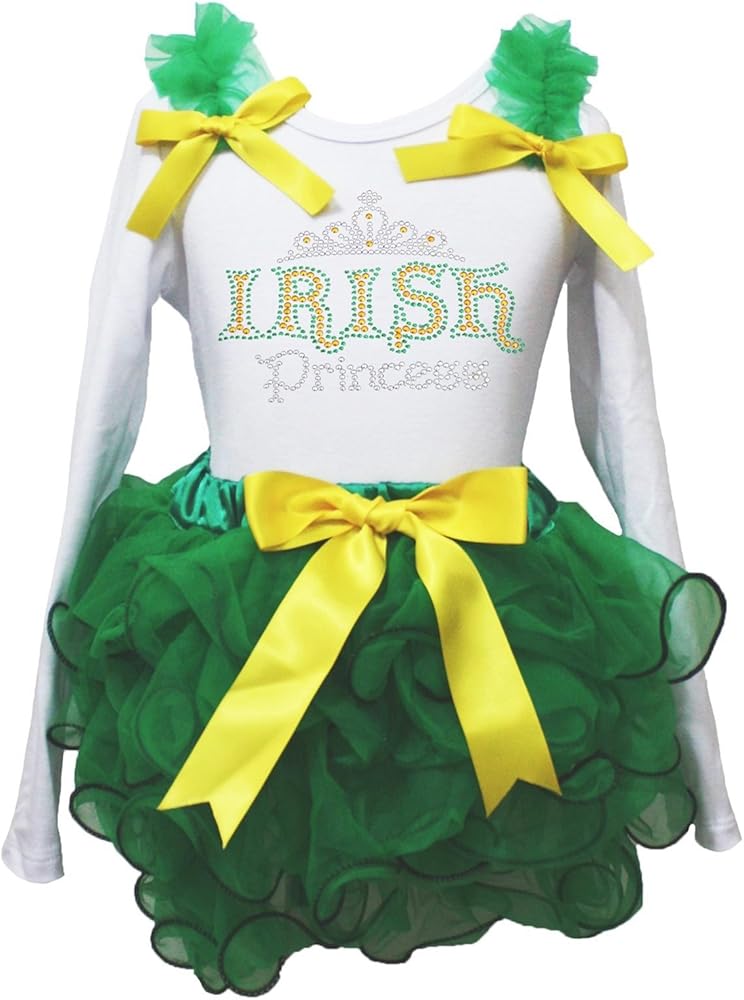 St Patrick Day Dress Irish Princess White L/s Shirt Green Petal Skirt Set 1-8y