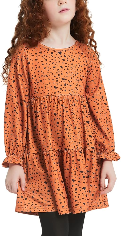 QPANCY Girls A-Line Tiered Dress Casual Flounce Long Sleeve Flowy Pleated Ruffle Hem Dress