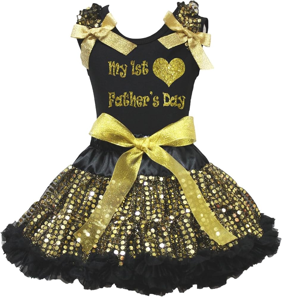 Petitebella Bling My 1st Father's Day Dress Black Shirt Gold Sequins Skirt Girl Set 1-8y