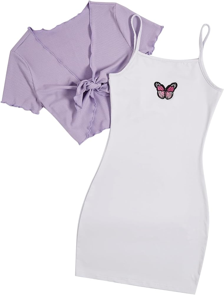 OYOANGLE Girl's 2 Piece Dress Sets Butterfly Print Sleeveless Cute Cami Dresses and Short Sleeve Tie Front Top Sets