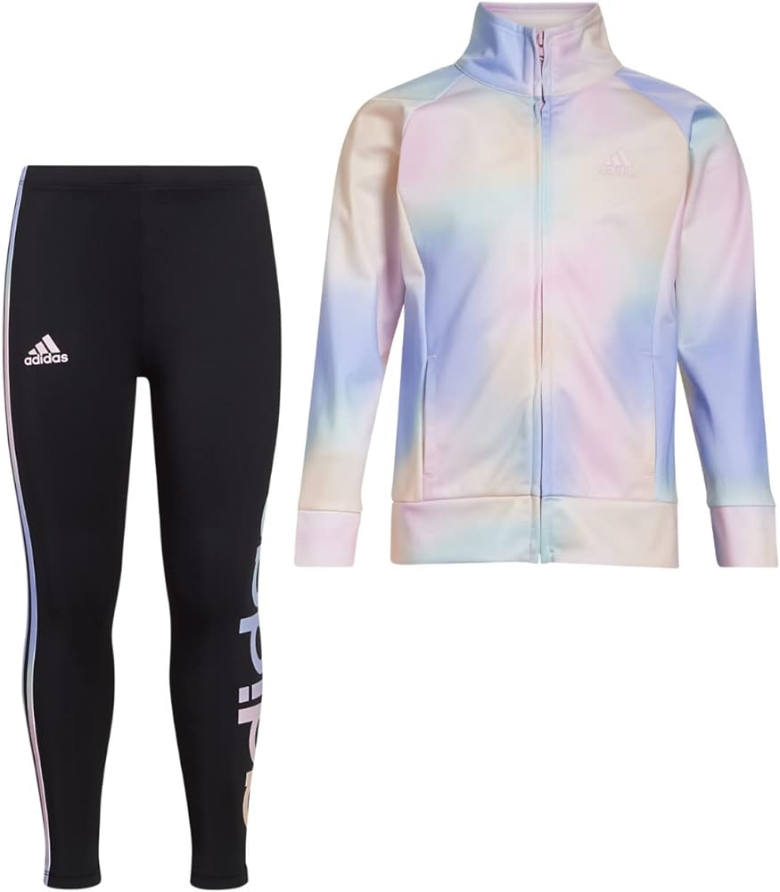 adidas Girls Zip Front Classic Tricot Jacket and Joggers Set, Pink with Multicolor, 4