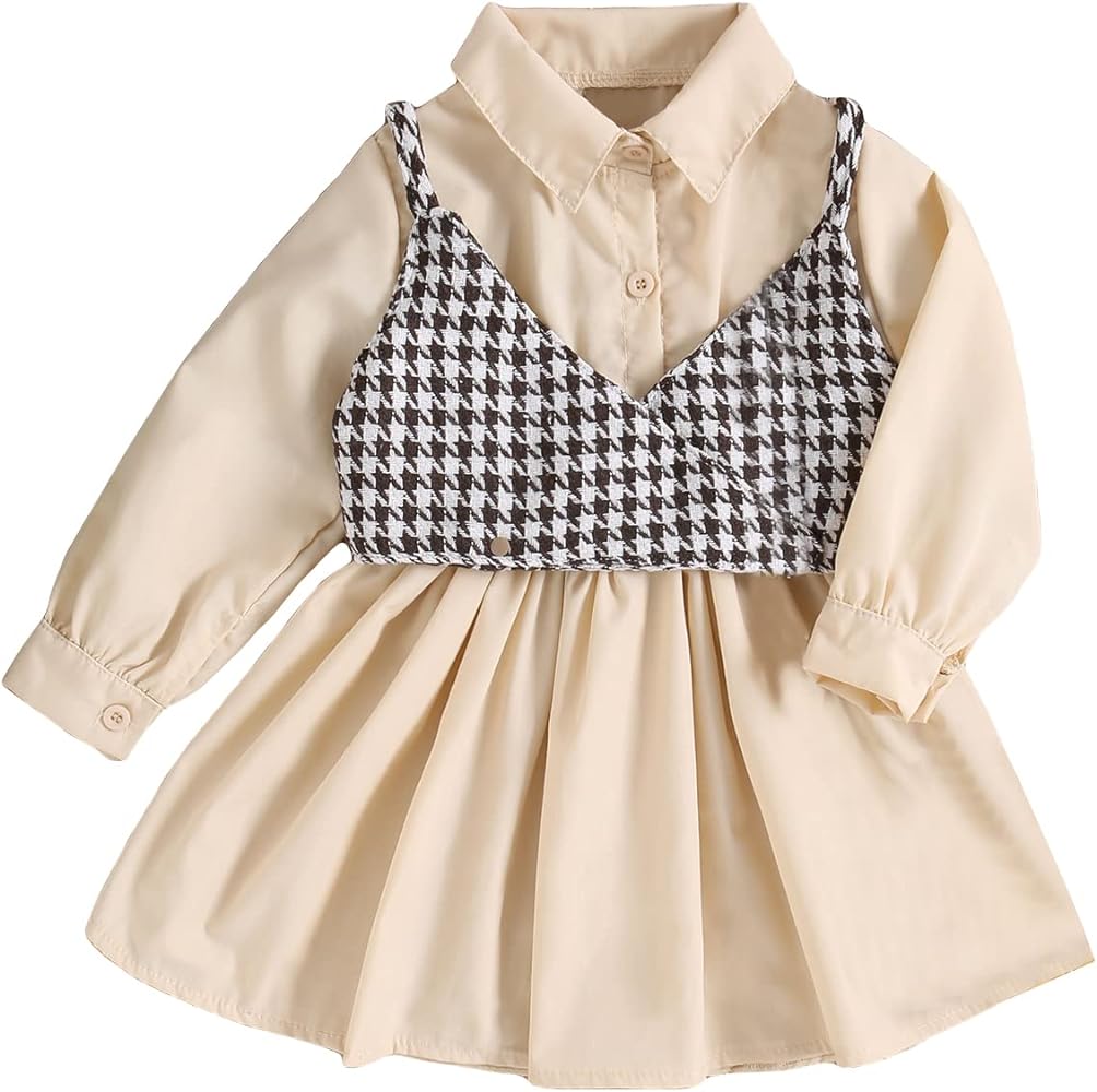 WDIRARA Toddler Girl's 2 Piece Outfits Houndstooth Print Flared Shirt Dress and Cami Tops Set